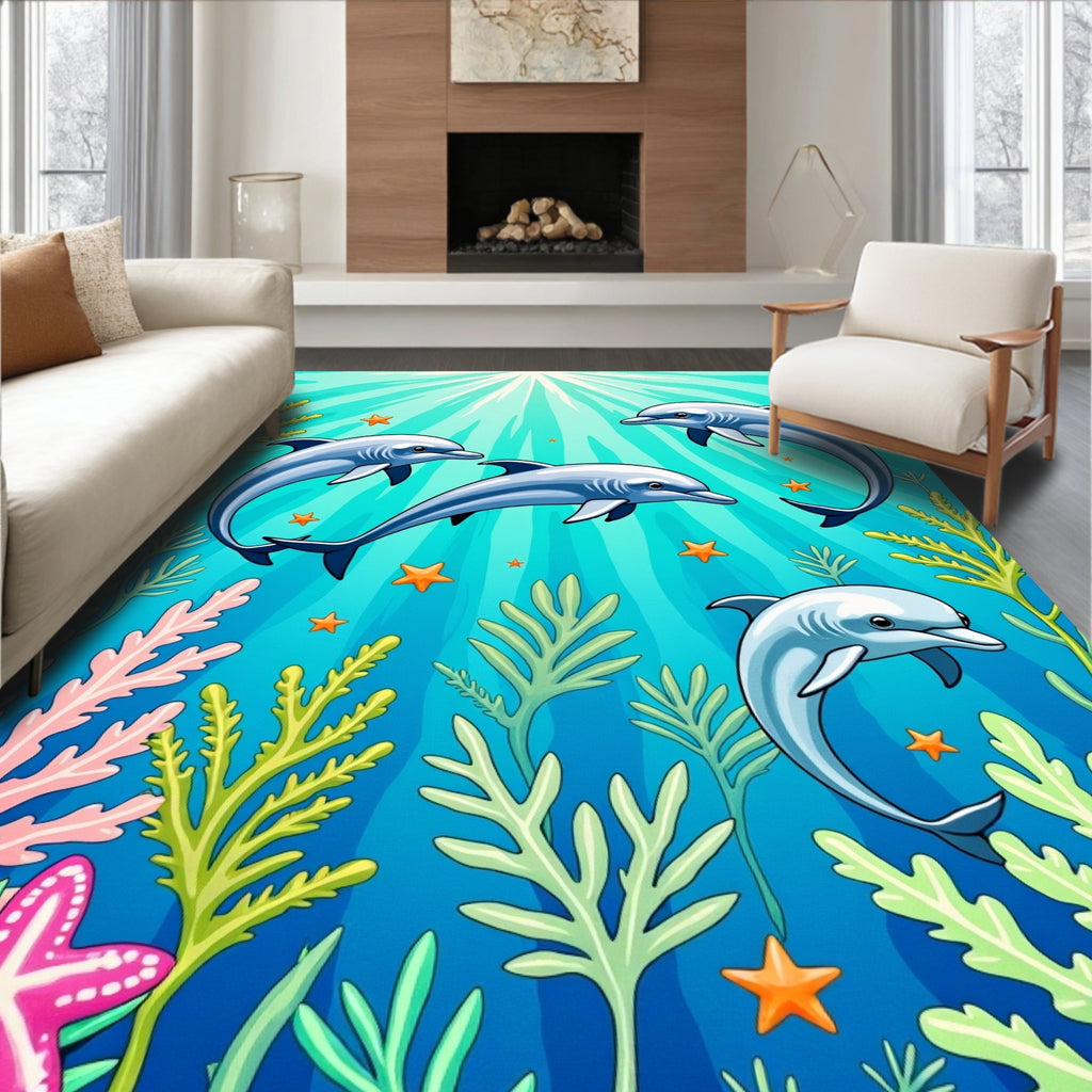 Playful Dolphins Ocean Coral Starfish Rug