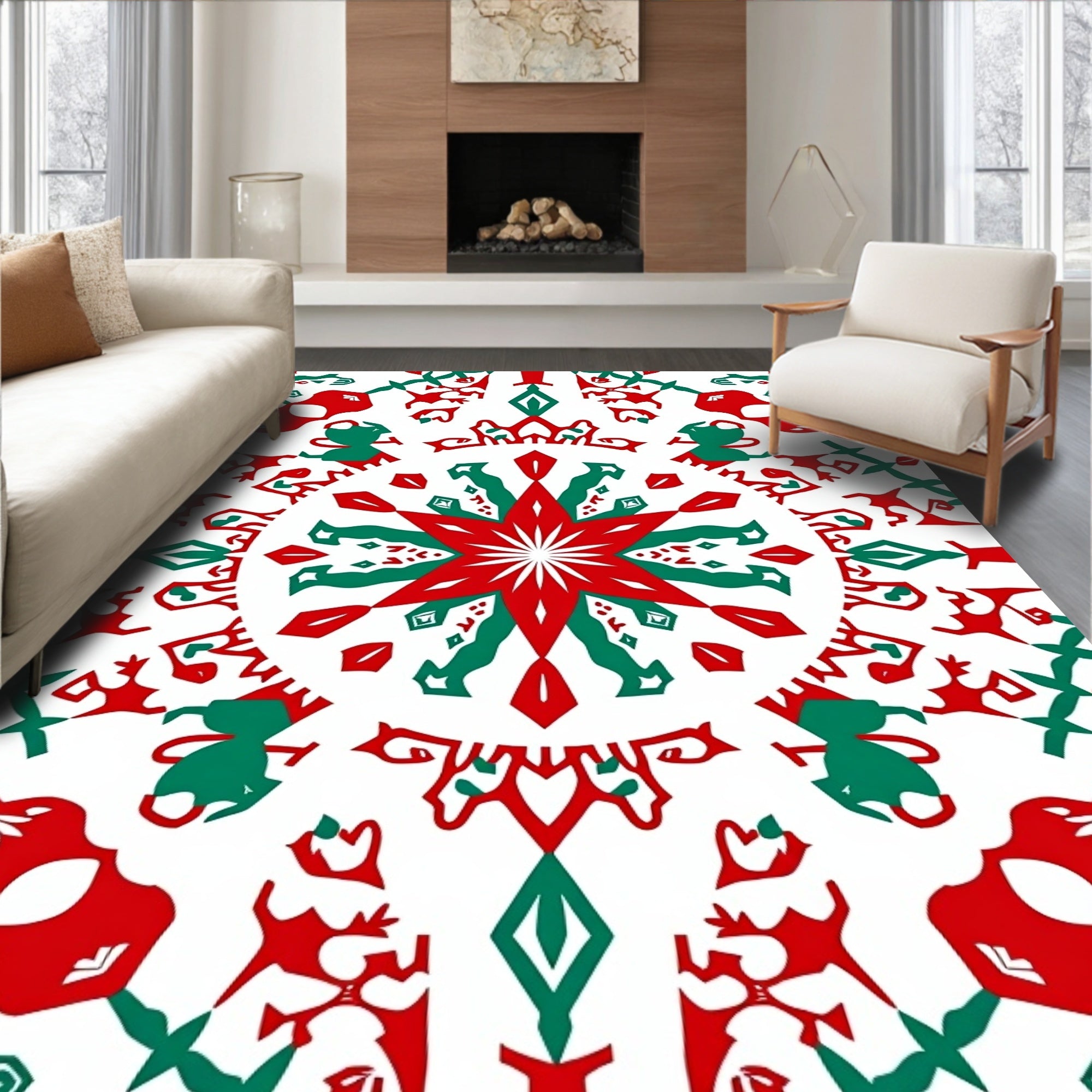 Red And Green Starburst Mandala Rug