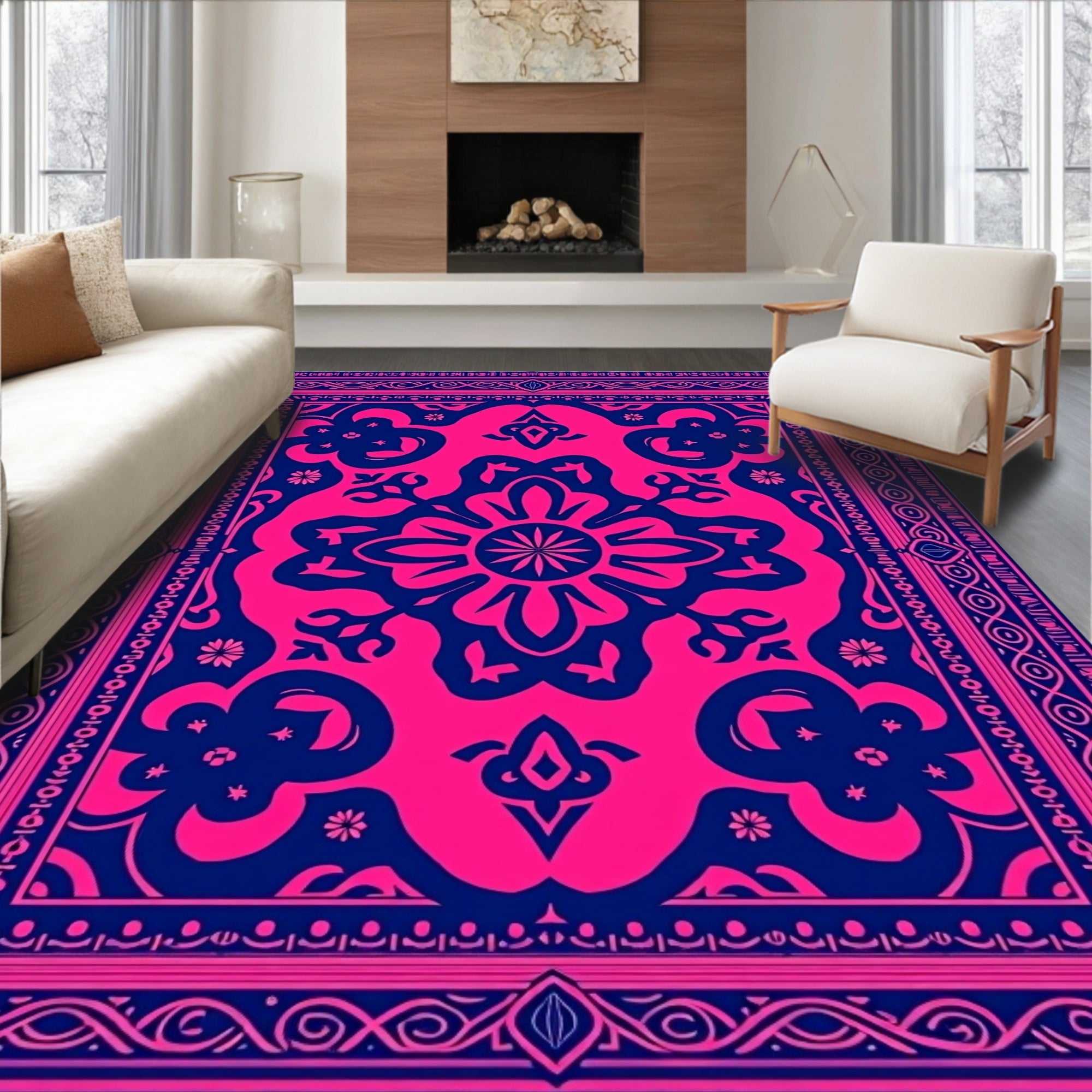 Vibrant Fuchsia Navy Floral Medallion Rug