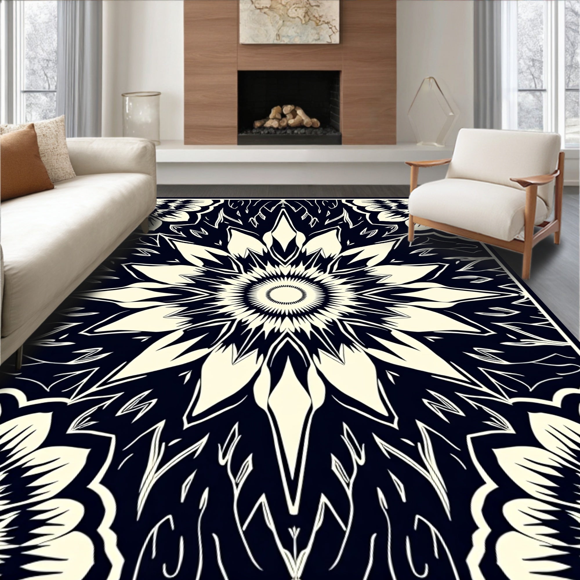 Black Ivory Intricate Floral Mandala Rug
