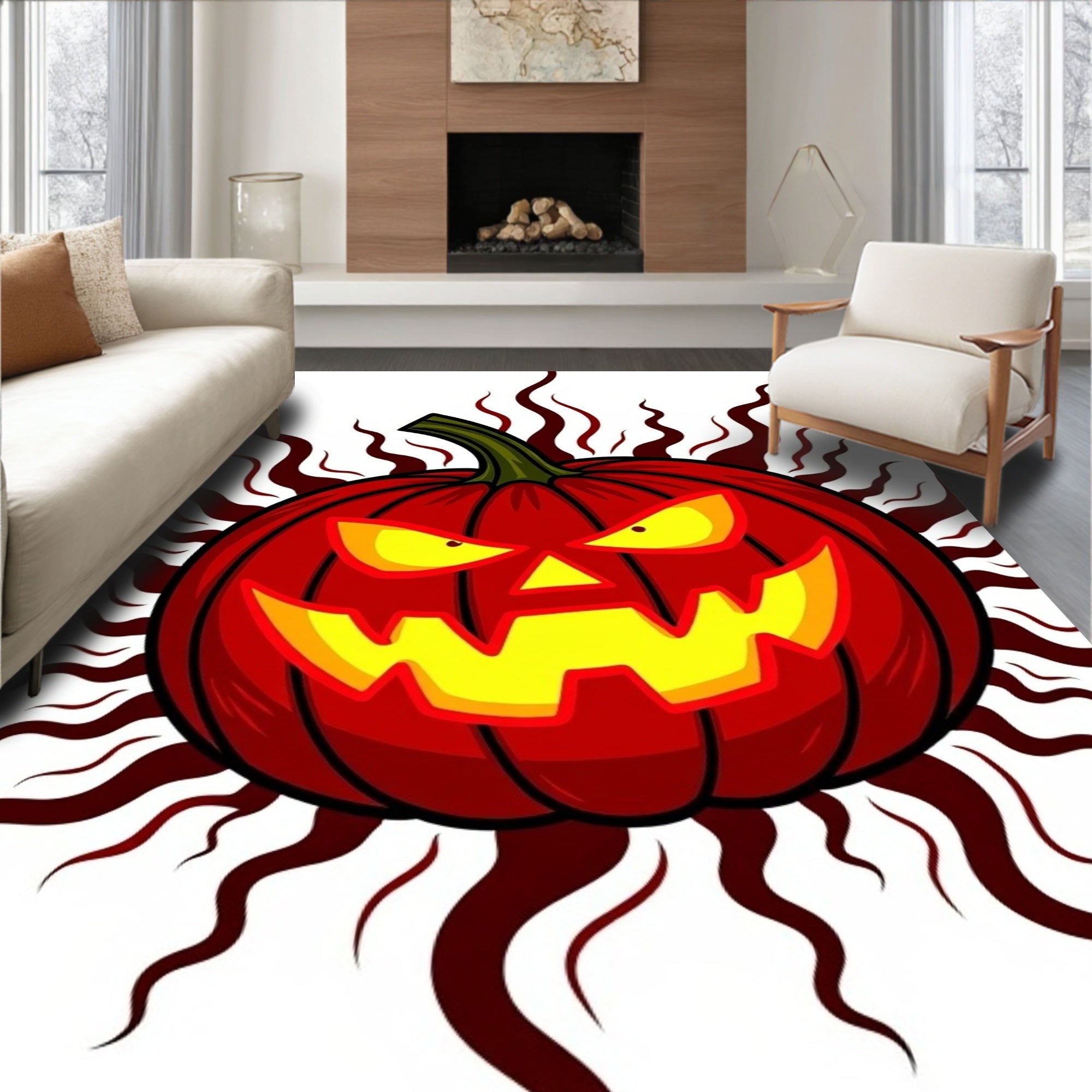 Spooky Orange Jack O Lantern Flames Rug