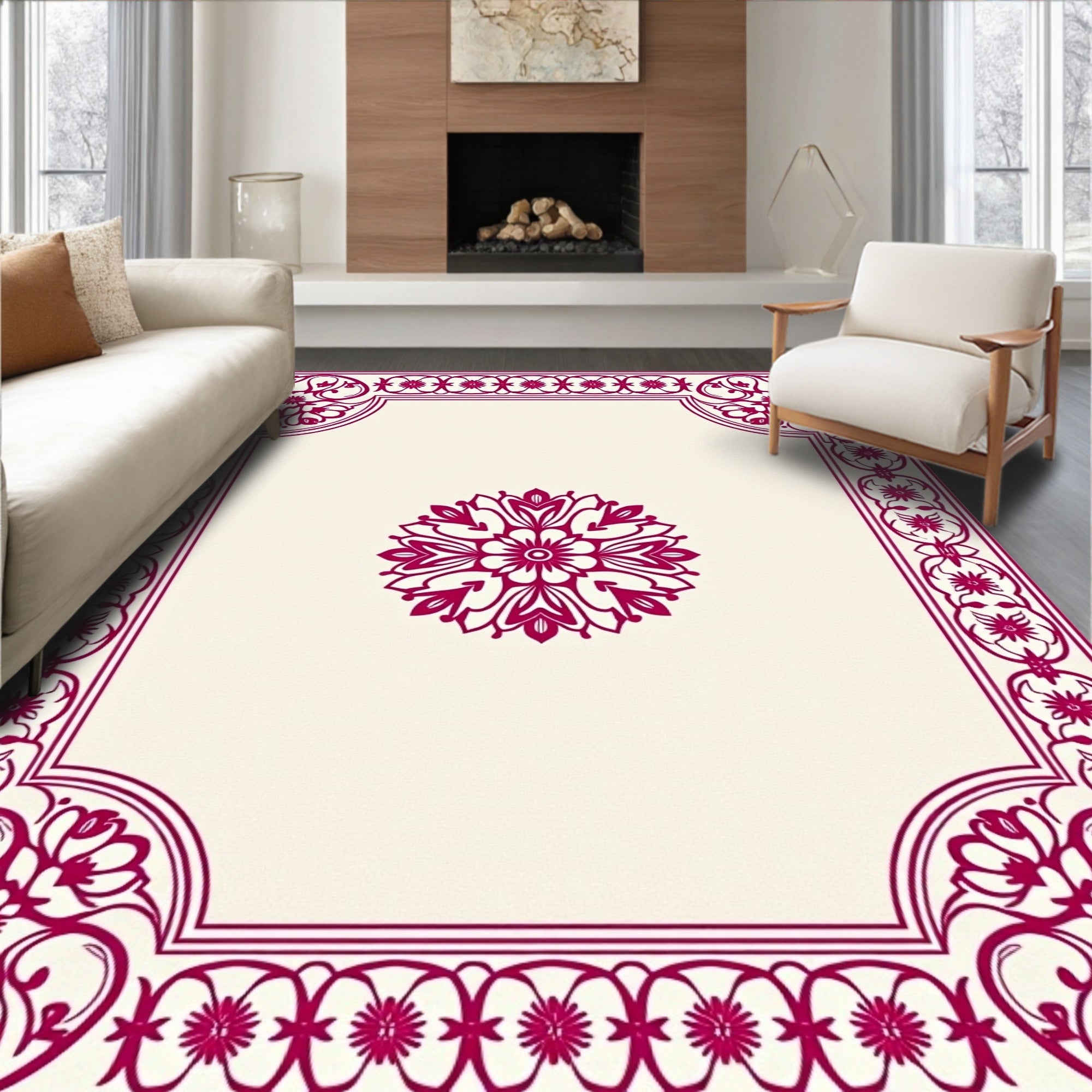 Deep Pink Floral Crested Border Rug