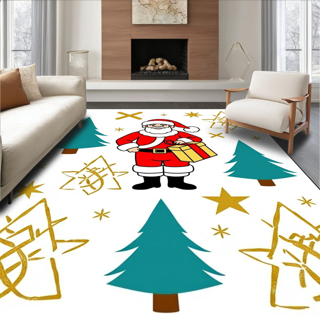 Festive Red Santa Gold Star Trees Rug