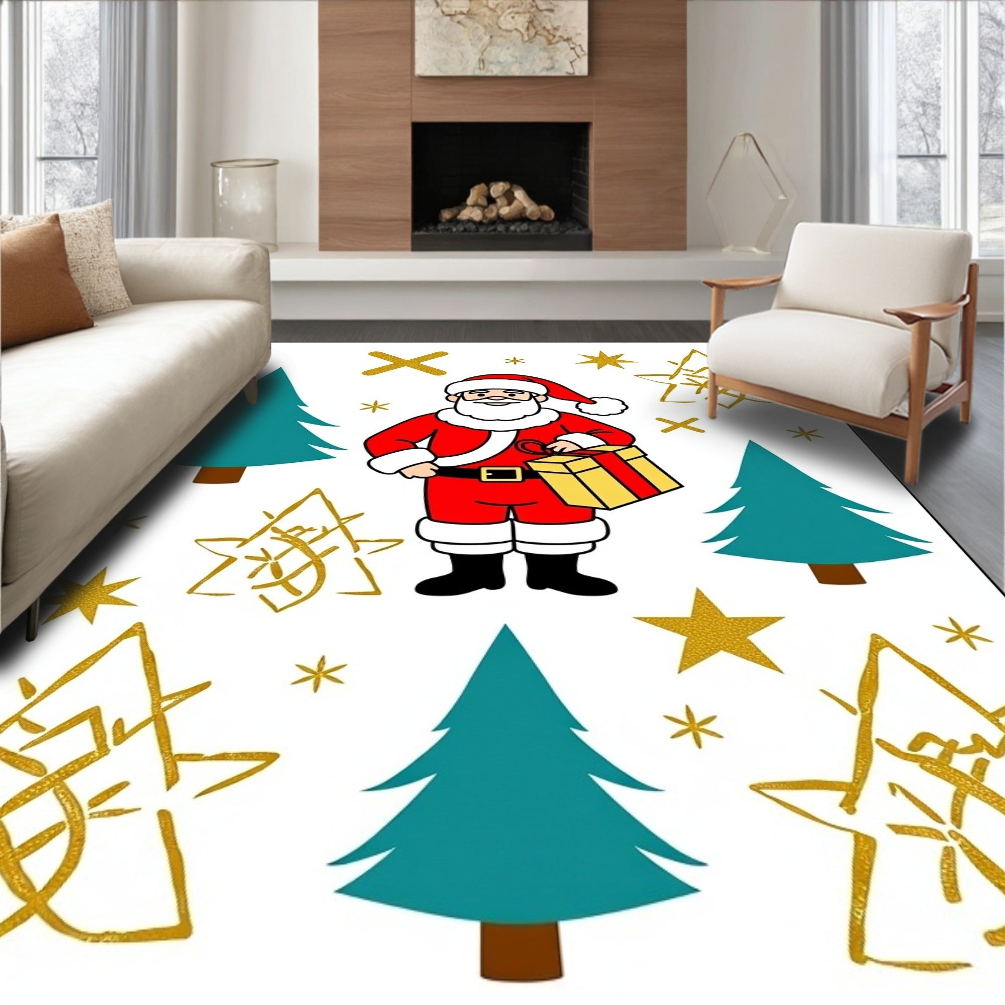 Festive Red Santa Gold Star Trees Rug