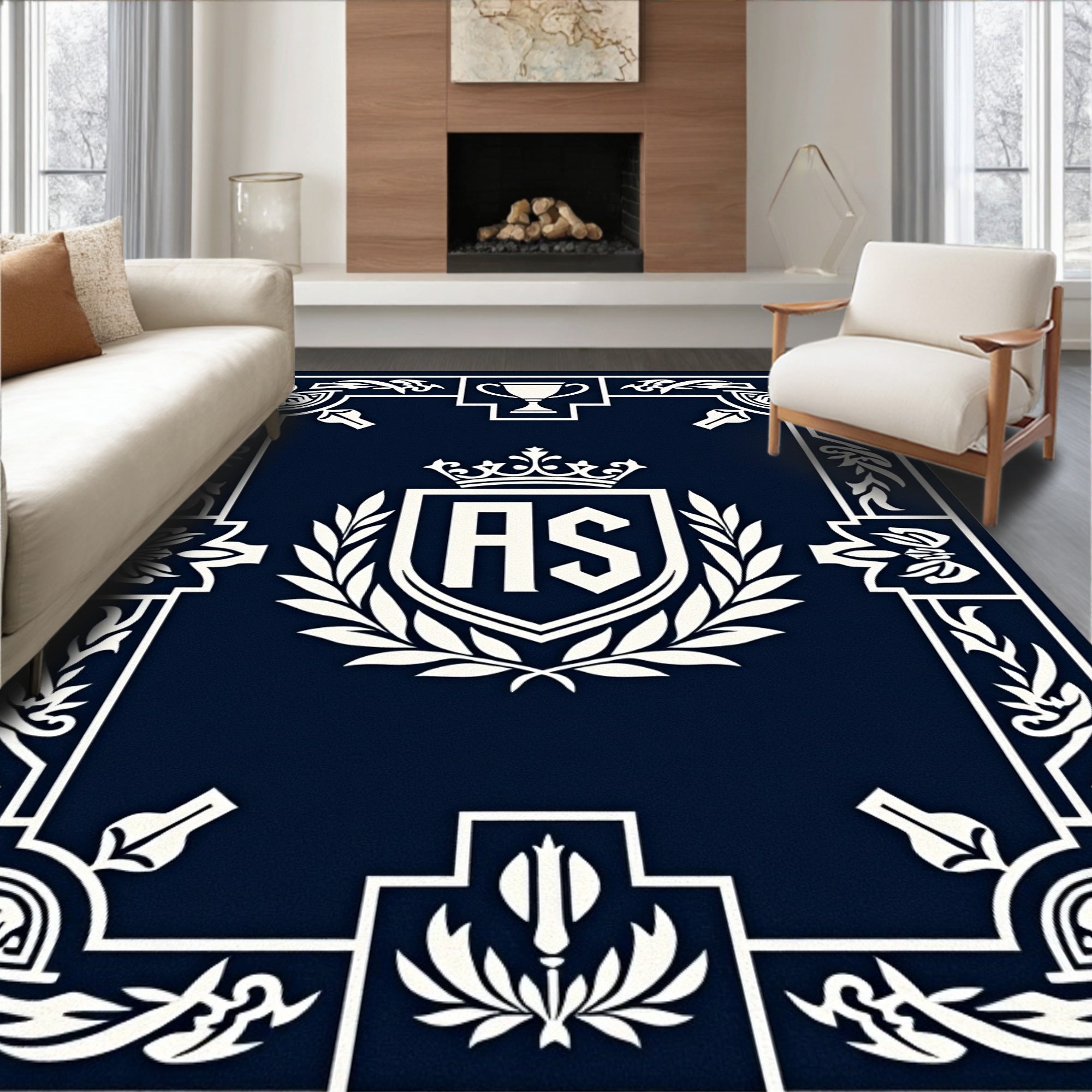 Navy Crest Laurel Emblem Rectangle Rug