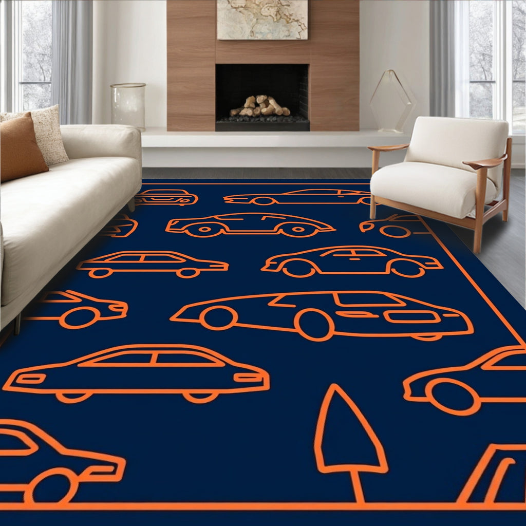 Orange Car Line Art Collection Dark Rug