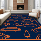 Orange Car Line Art Collection Dark Rug