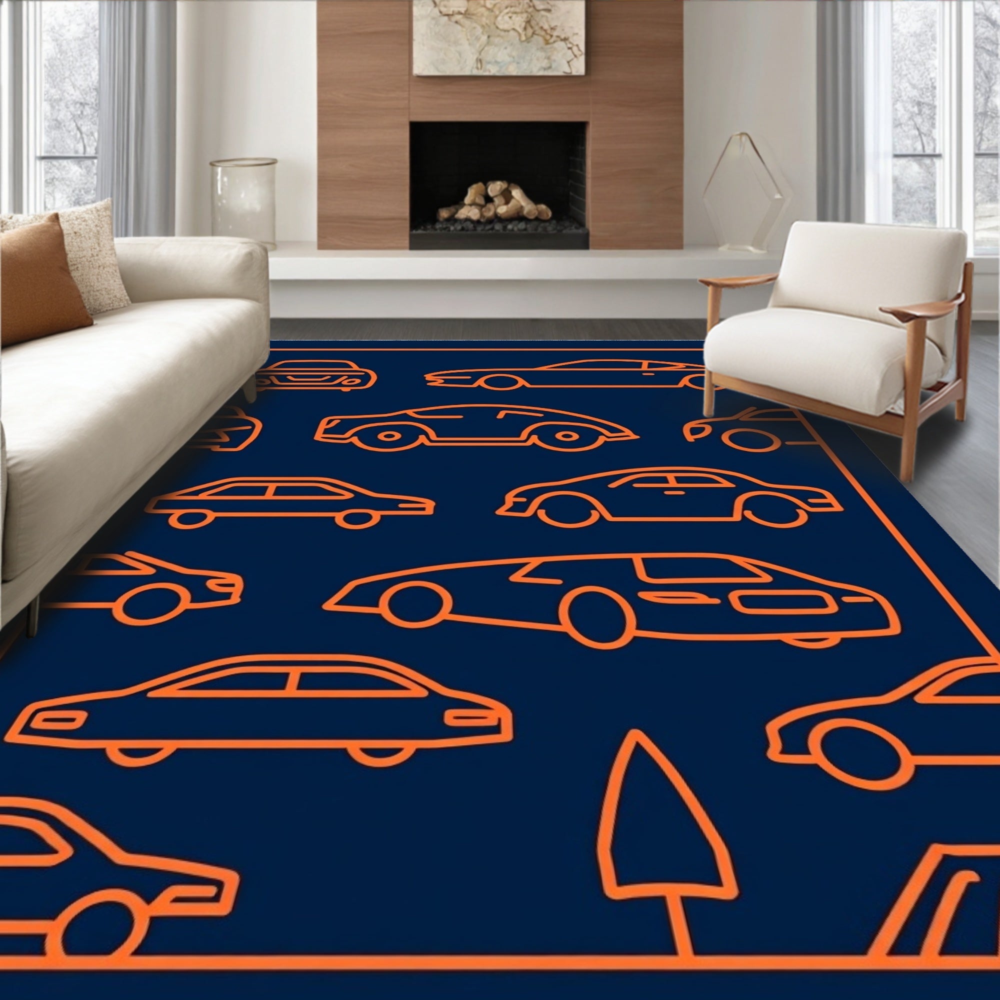 Orange Car Line Art Collection Dark Rug