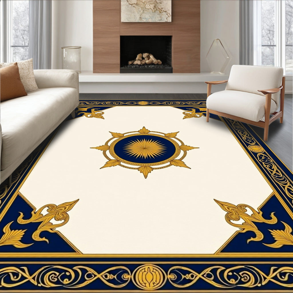 Gold Sunburst Navy Border Rug