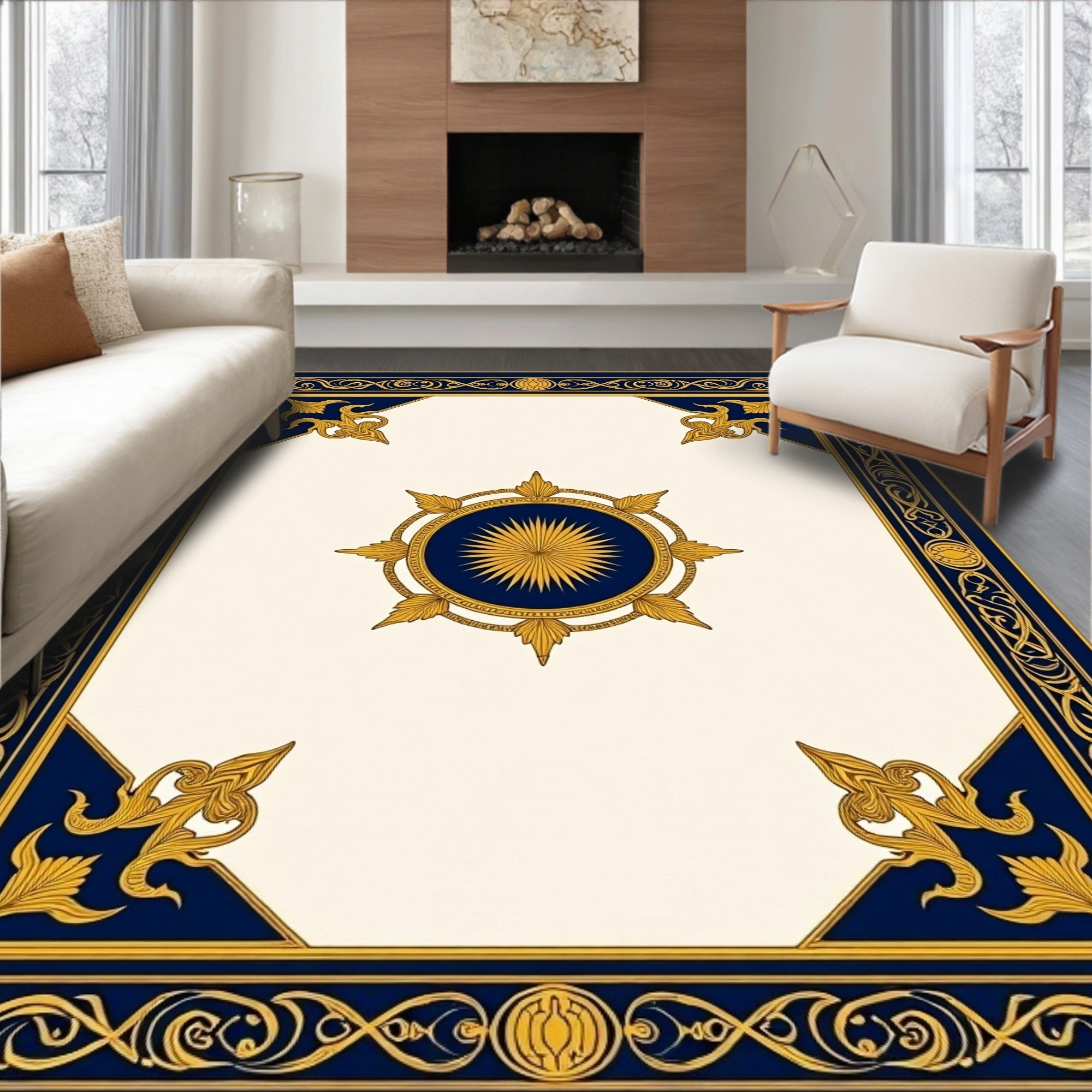 Gold Sunburst Navy Border Rug