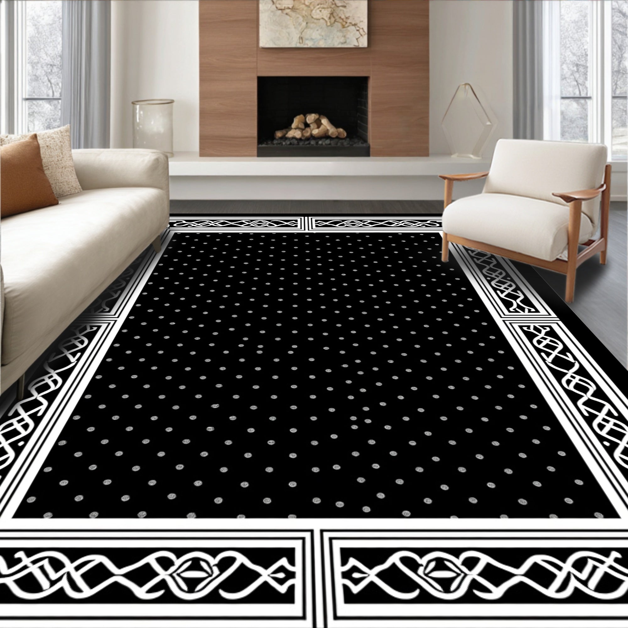 Black White Polka Dot Celtic Border Rug