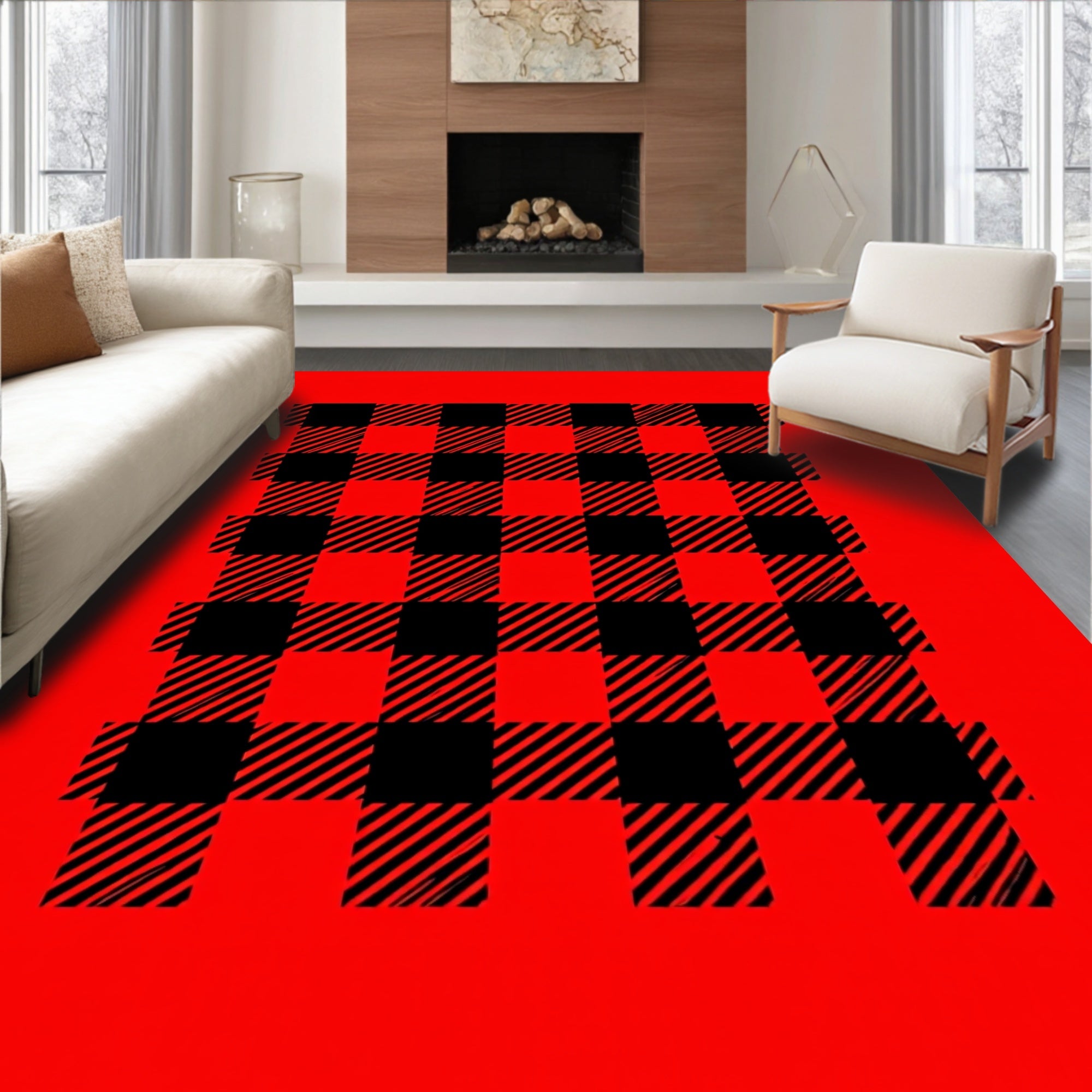 Bold Red Gingham Checkered Rug