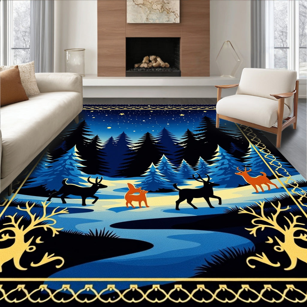 Midnight Forest Deer Starry Night Scene Rug