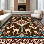 Brown Cream Crimson Deer Medallion Border Rug