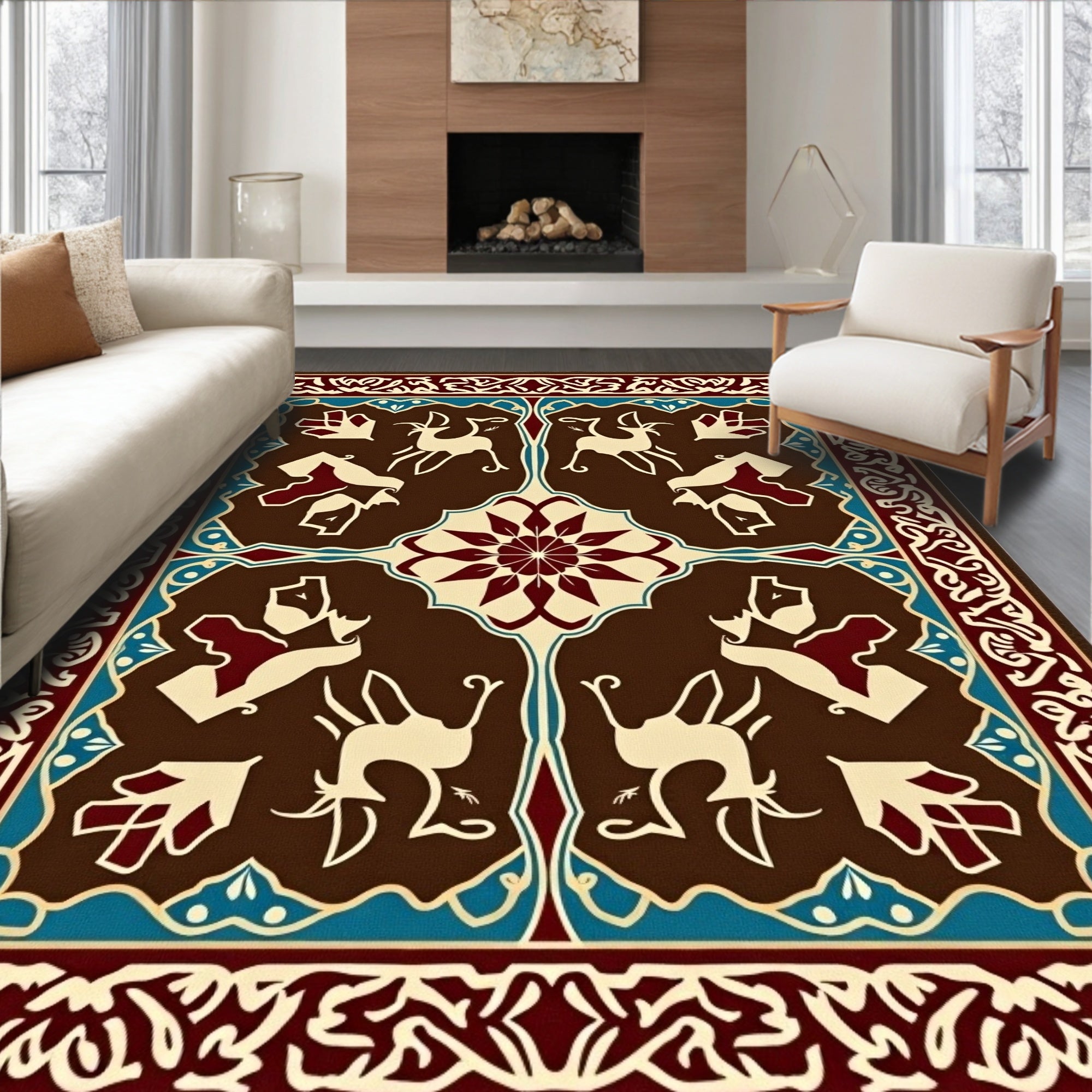 Brown Cream Crimson Deer Medallion Border Rug
