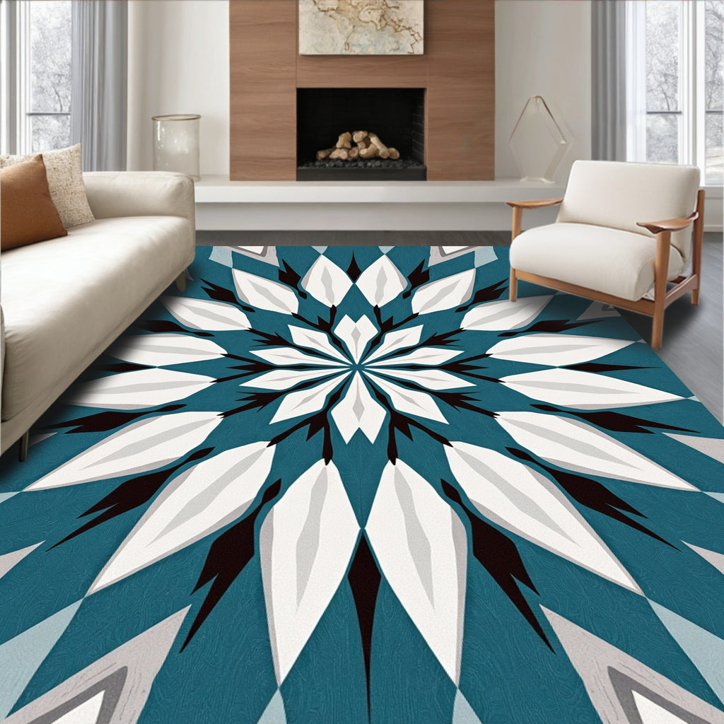 Teal White Geometric Spoked Star Rug
