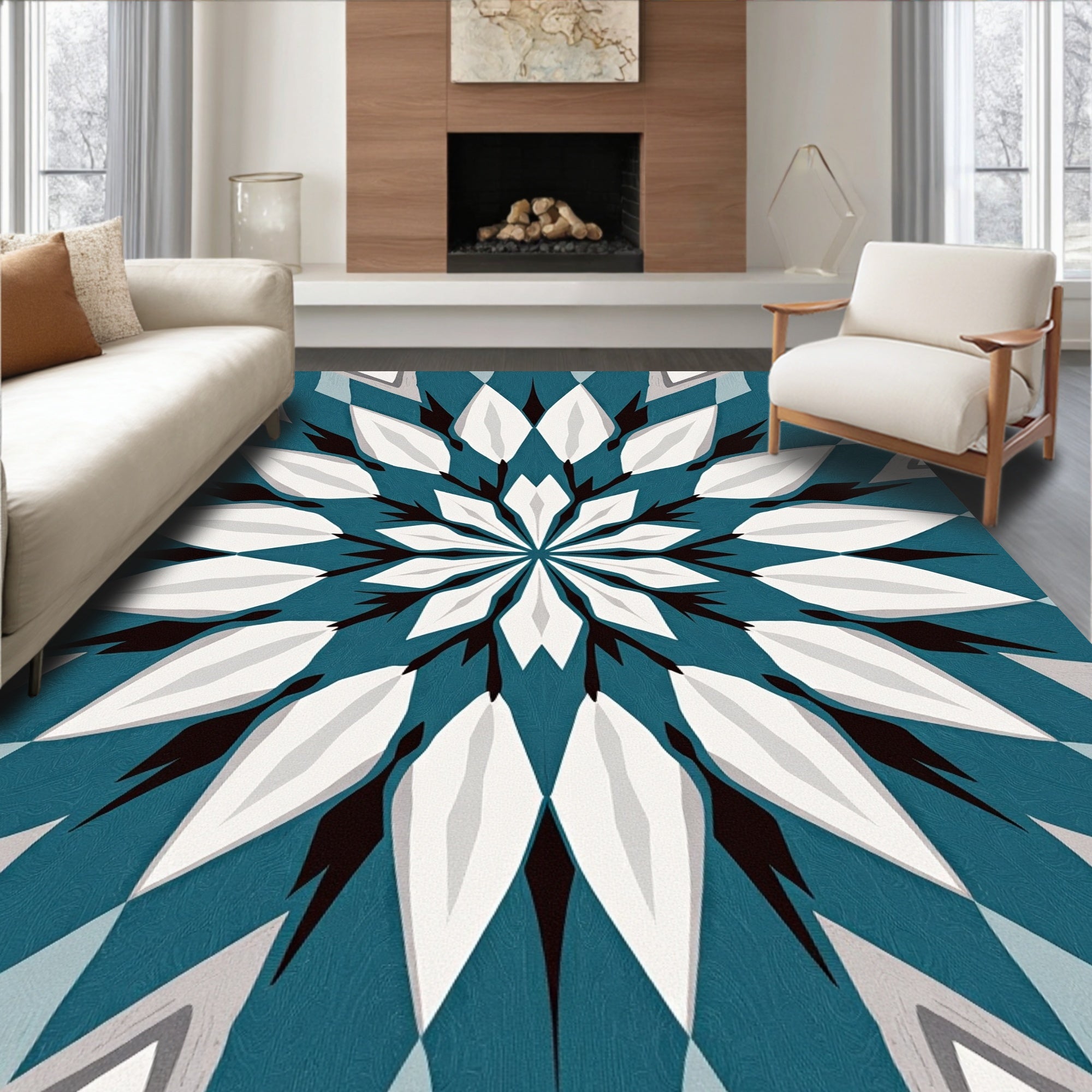 Teal White Geometric Spoked Star Rug