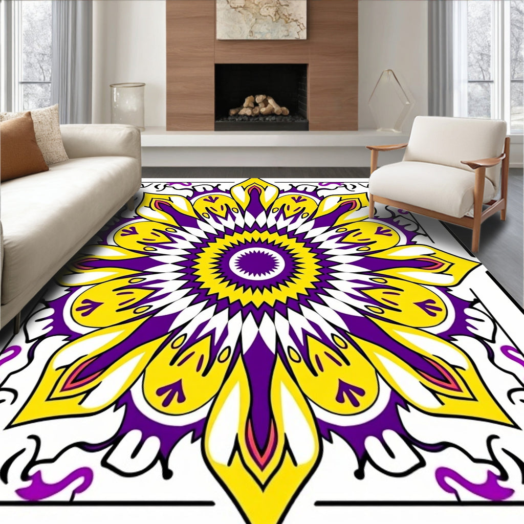 Vibrant Yellow Purple Sunburst Mandala Rug