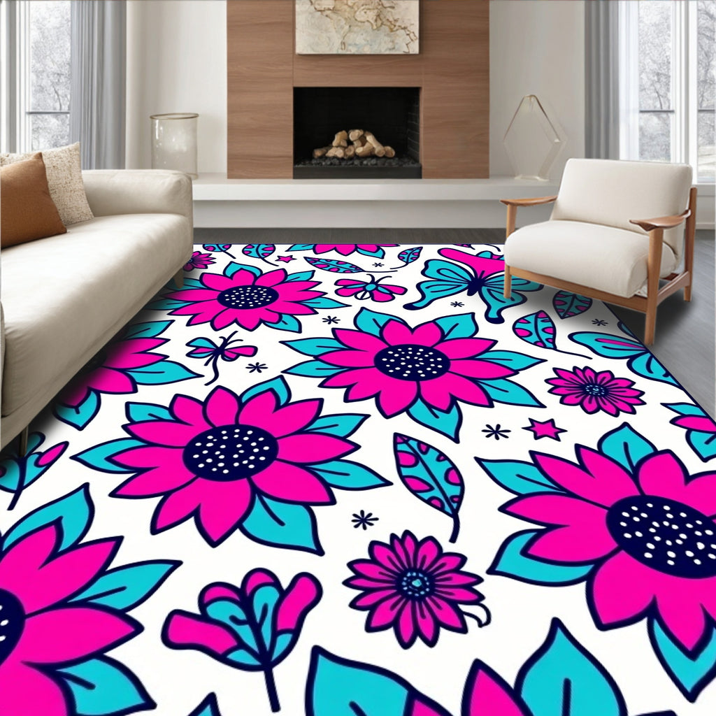 Vibrant Floral Butterfly Delight Rug