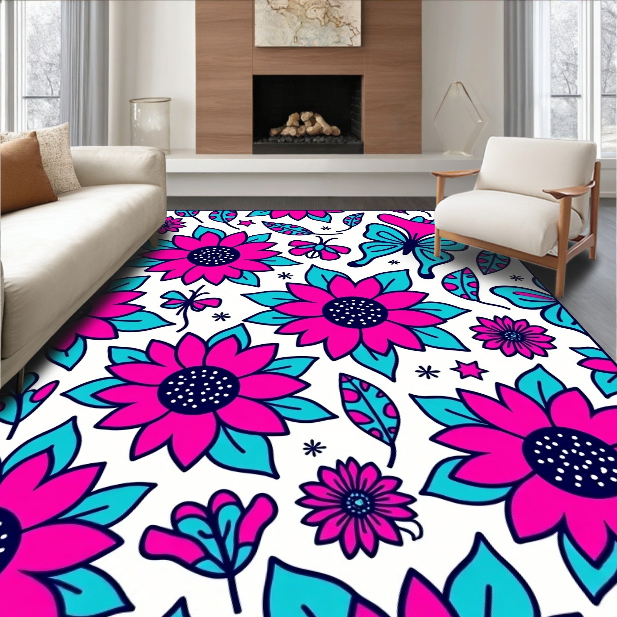 Vibrant Floral Butterfly Delight Rug