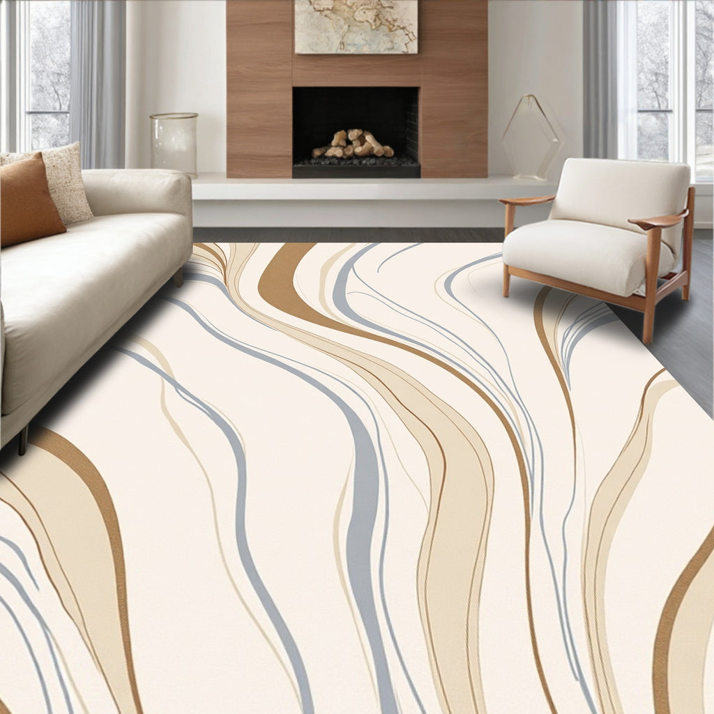 Cream Tan Blue Swirl Lines Rug