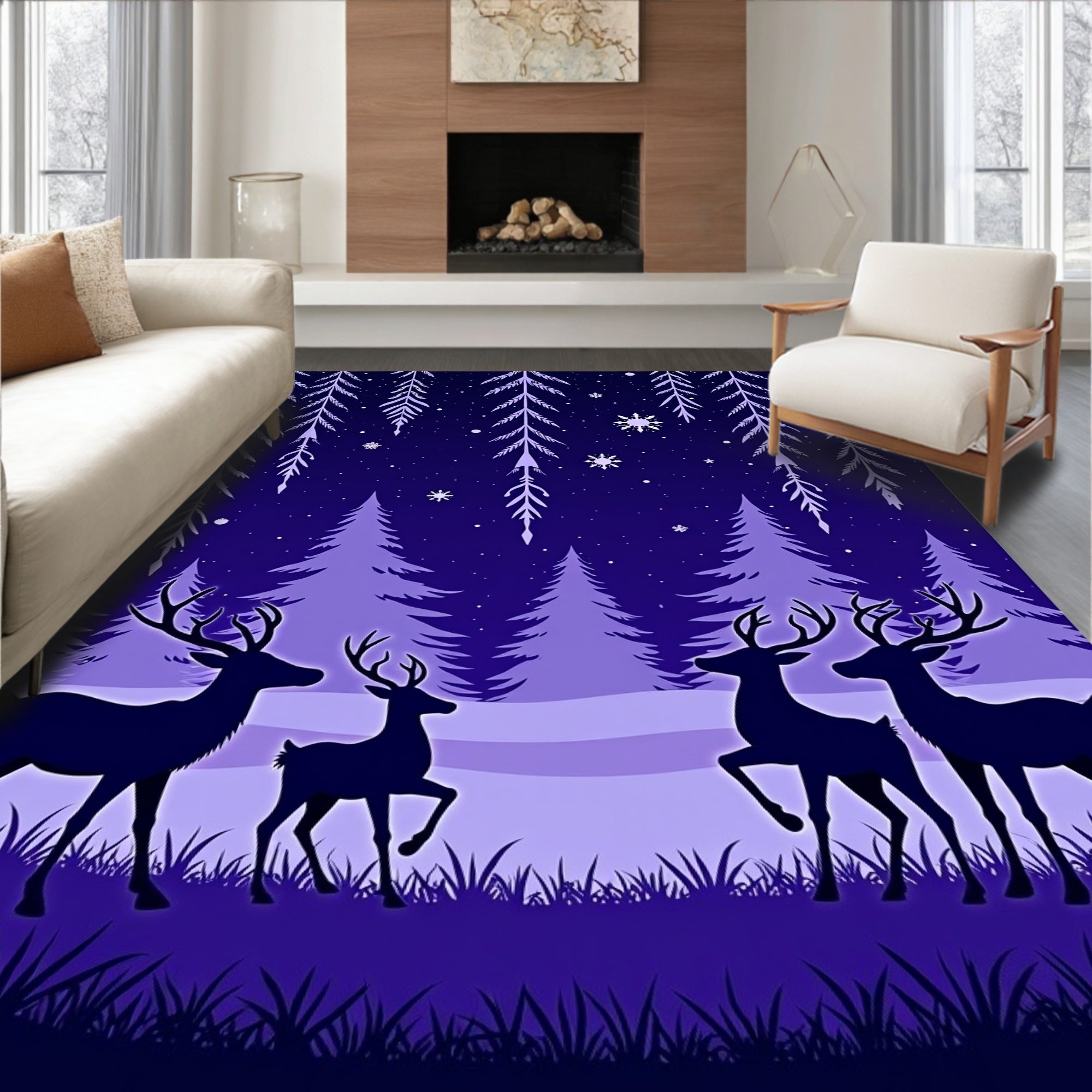 Midnight Deer Forest Snowflake Night Rug