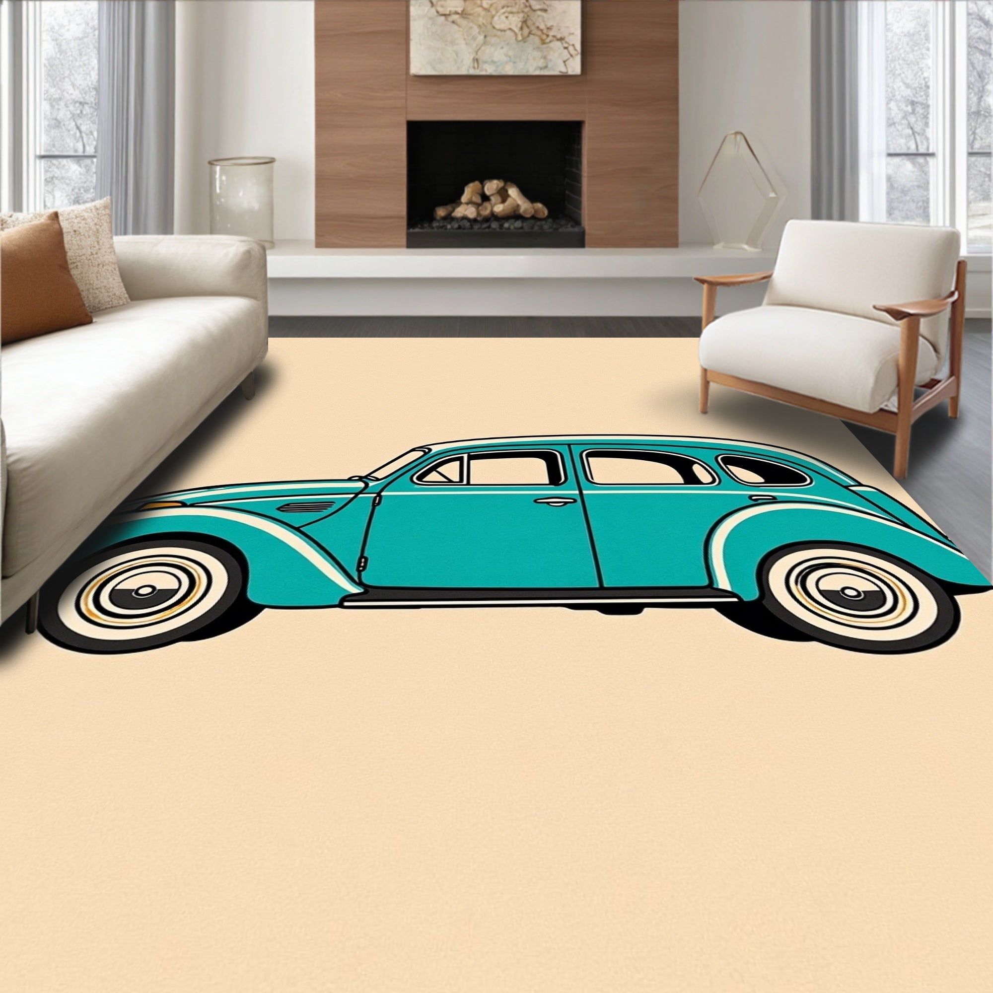 Retro Teal Vintage Automobile Illustration Rug