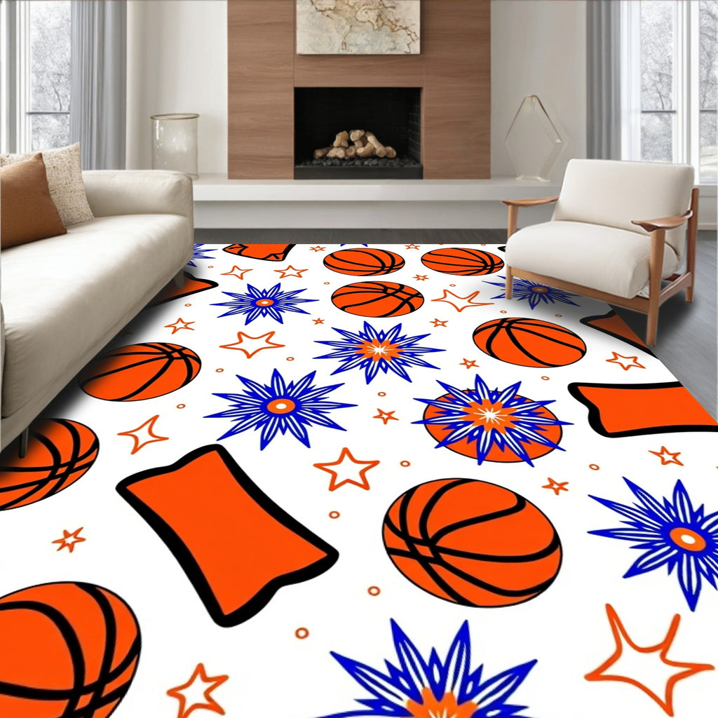 Orange Basketball Stars Blue Burst Rug