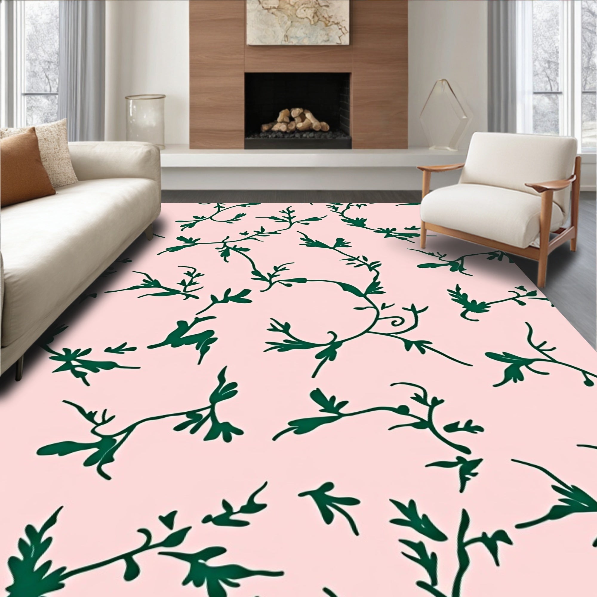 Emerald Vine On Pastel Pink Background Rug