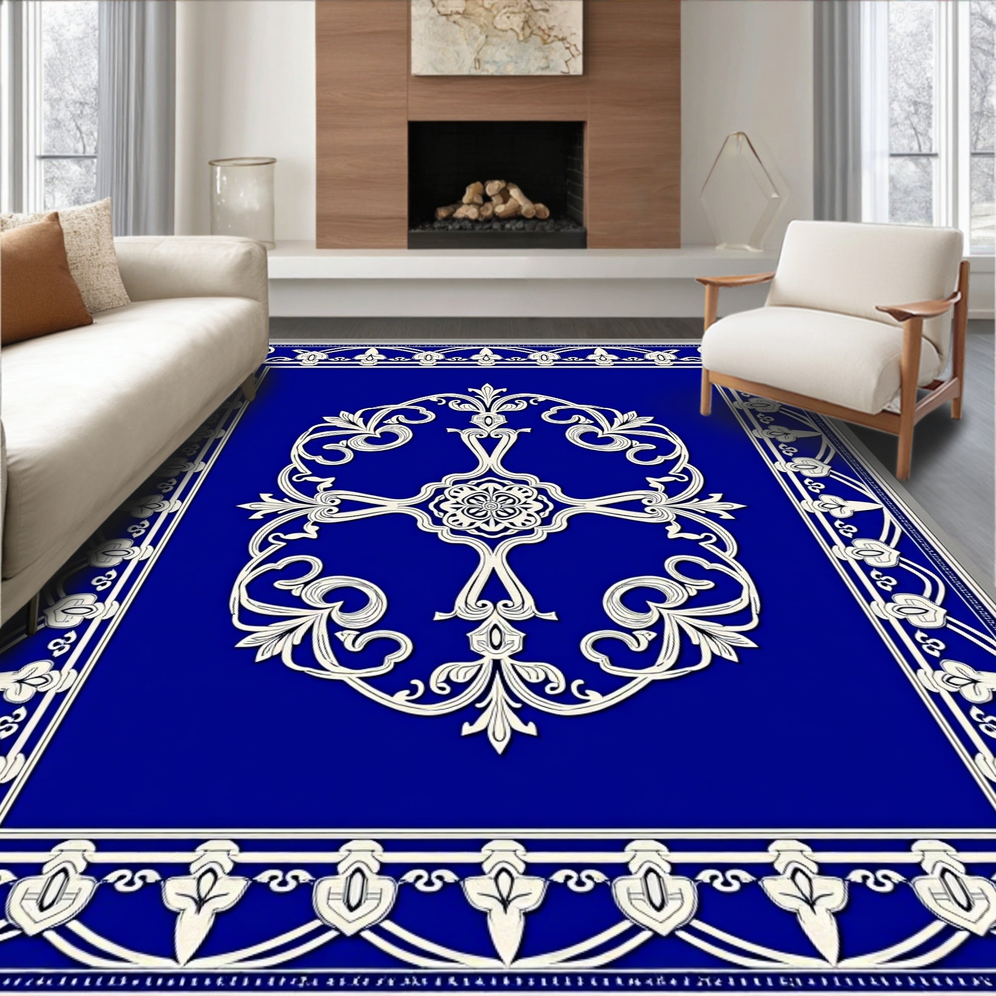 Rich Blue Floral Medallion Border Rug