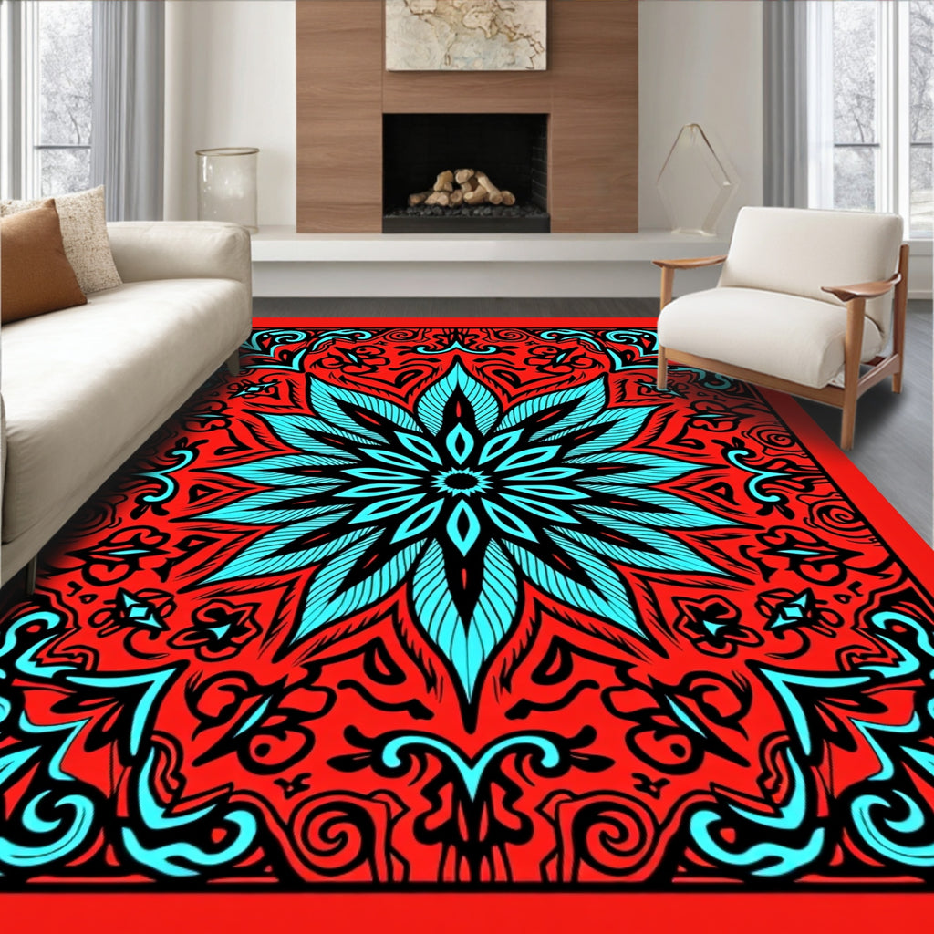 Crimson Aqua Floral Mandala Rug
