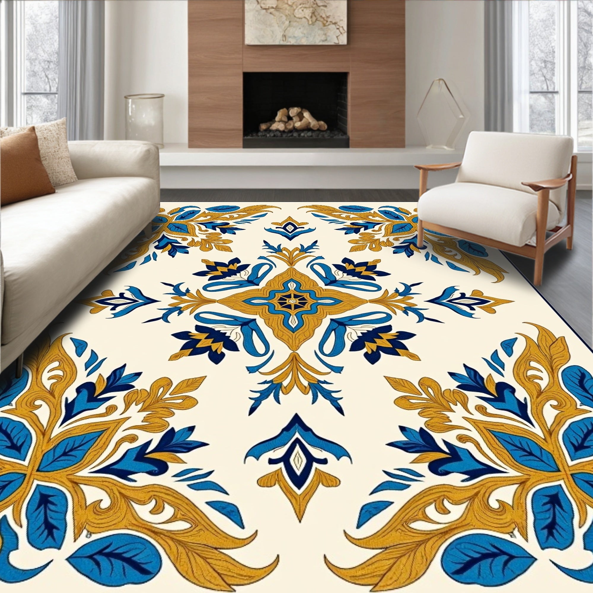 Royal Blue Gold Acanthus Scrollwork Rug