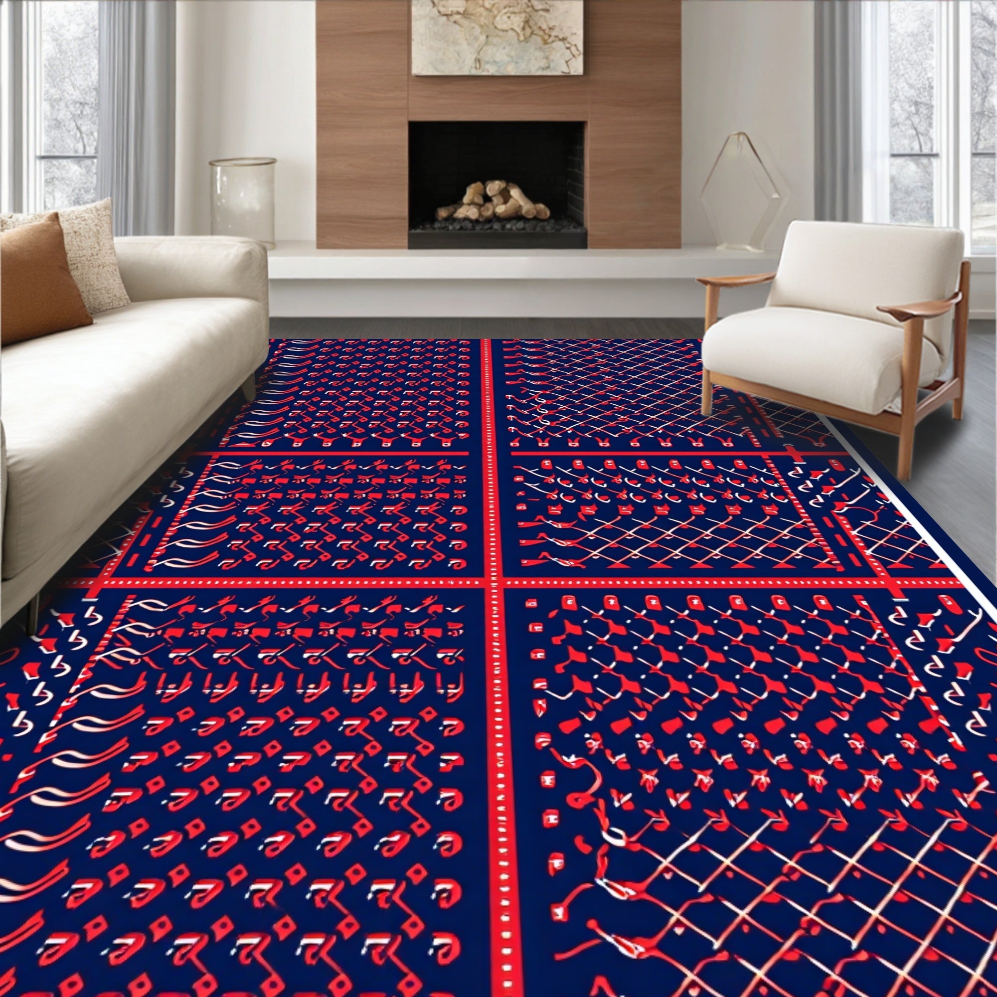 Deep Blue Red Diamond Arrangement Rug