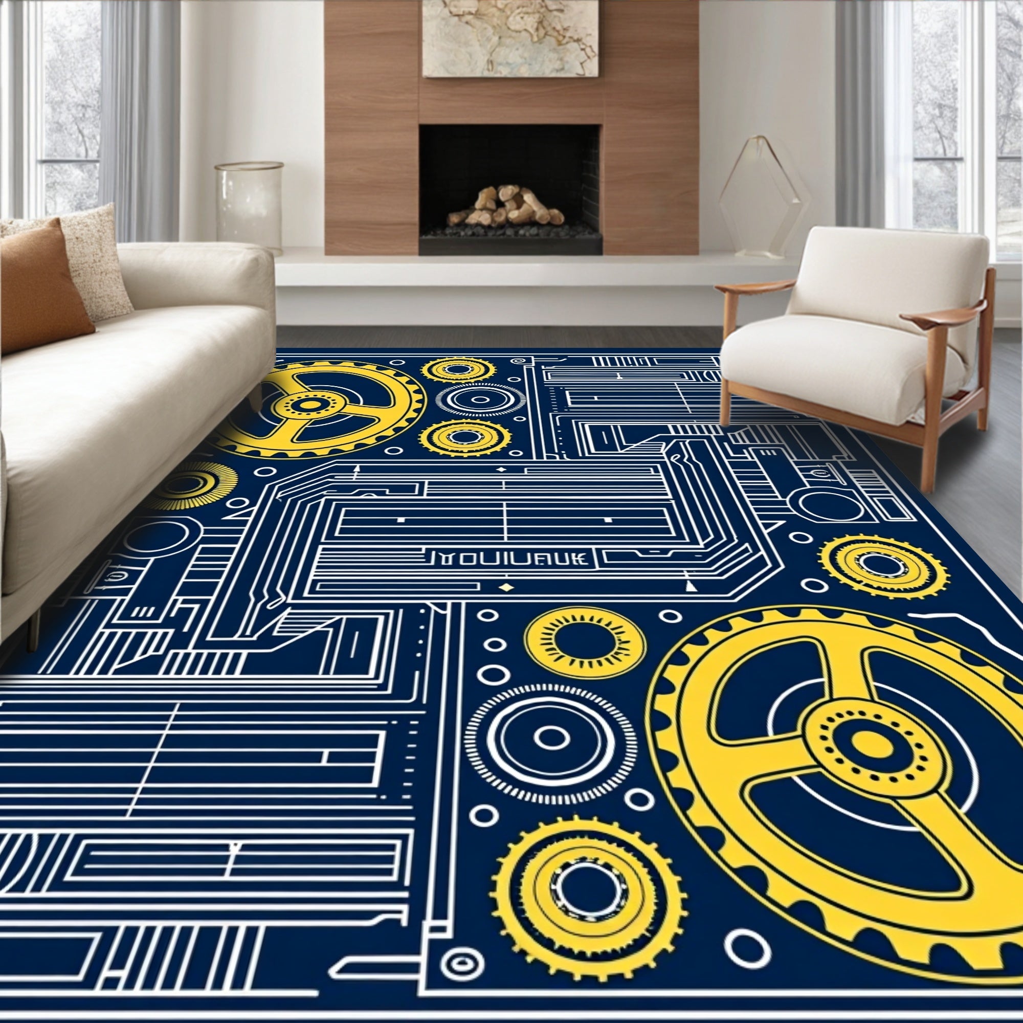 Dark Blue Yellow Industrial Gearwork Rug