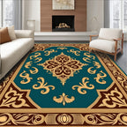 Ornate Teal Gold Floral Medallion Rug