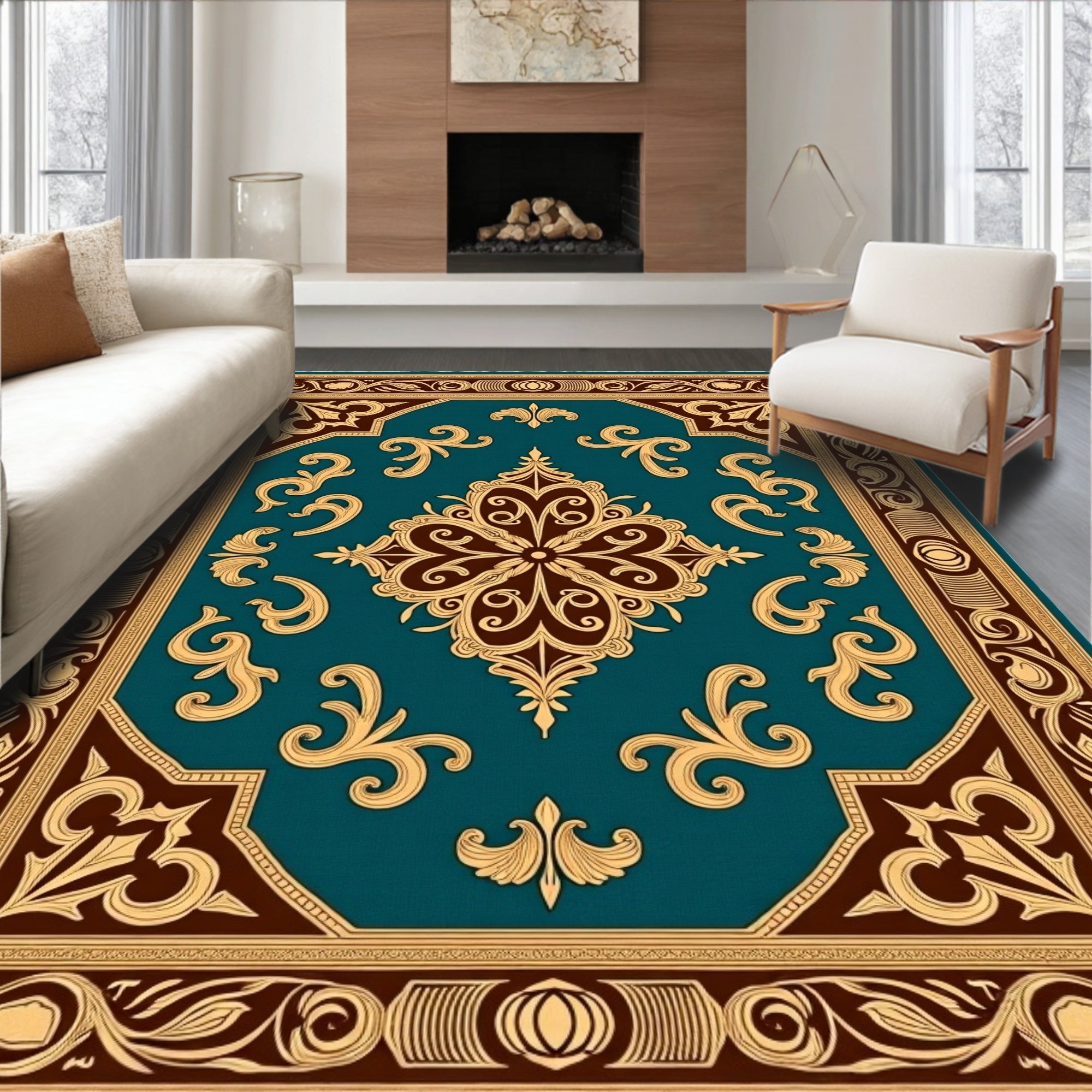 Ornate Teal Gold Floral Medallion Rug