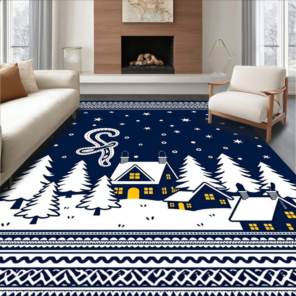Midnight Village Snowy Night Snowfall Rug
