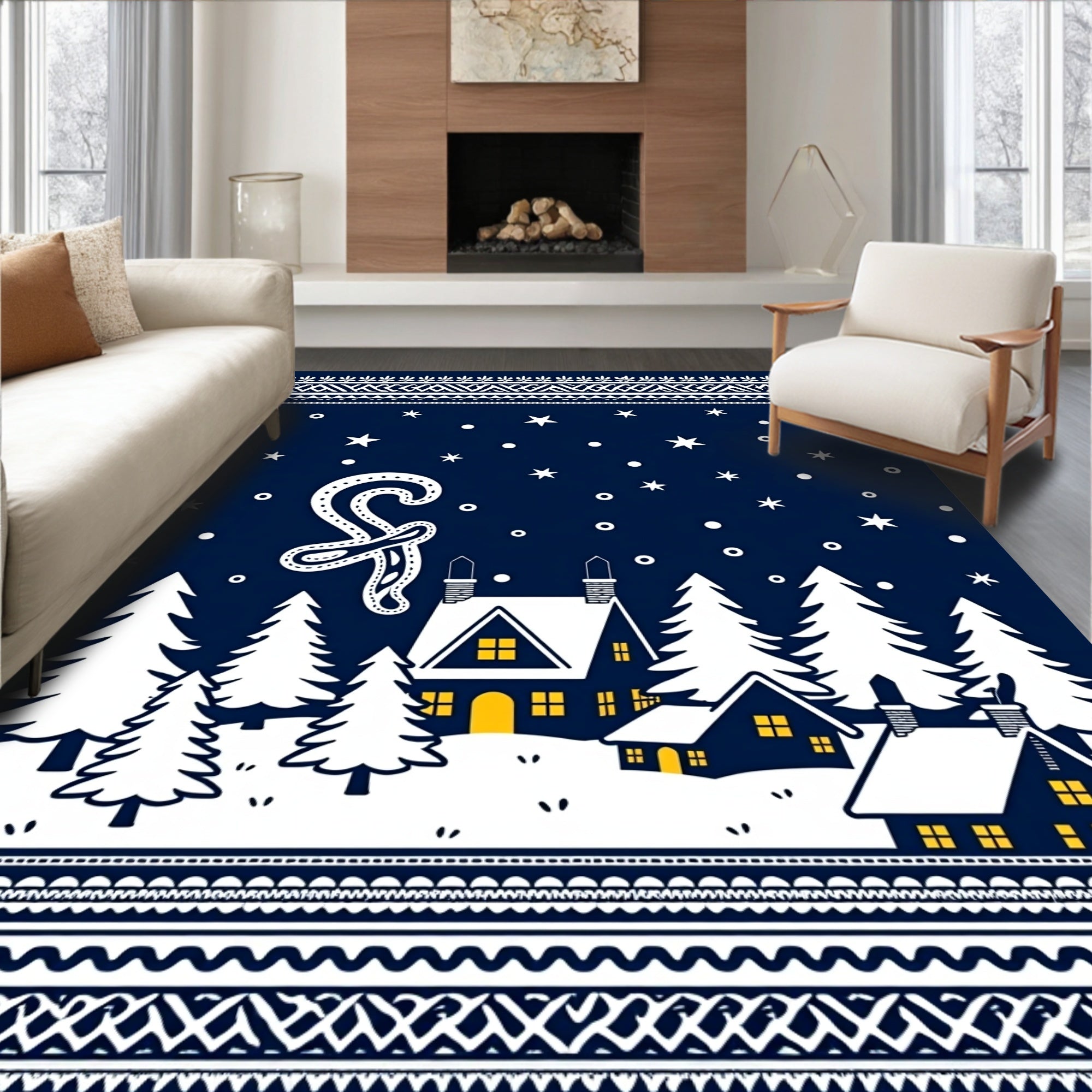 Midnight Village Snowy Night Snowfall Rug