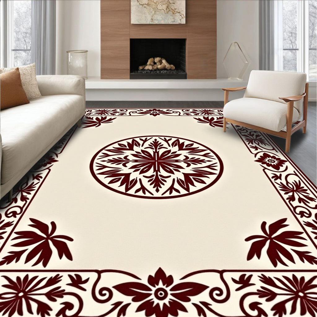 Rich Burgundy Floral Medallion Frame Rug