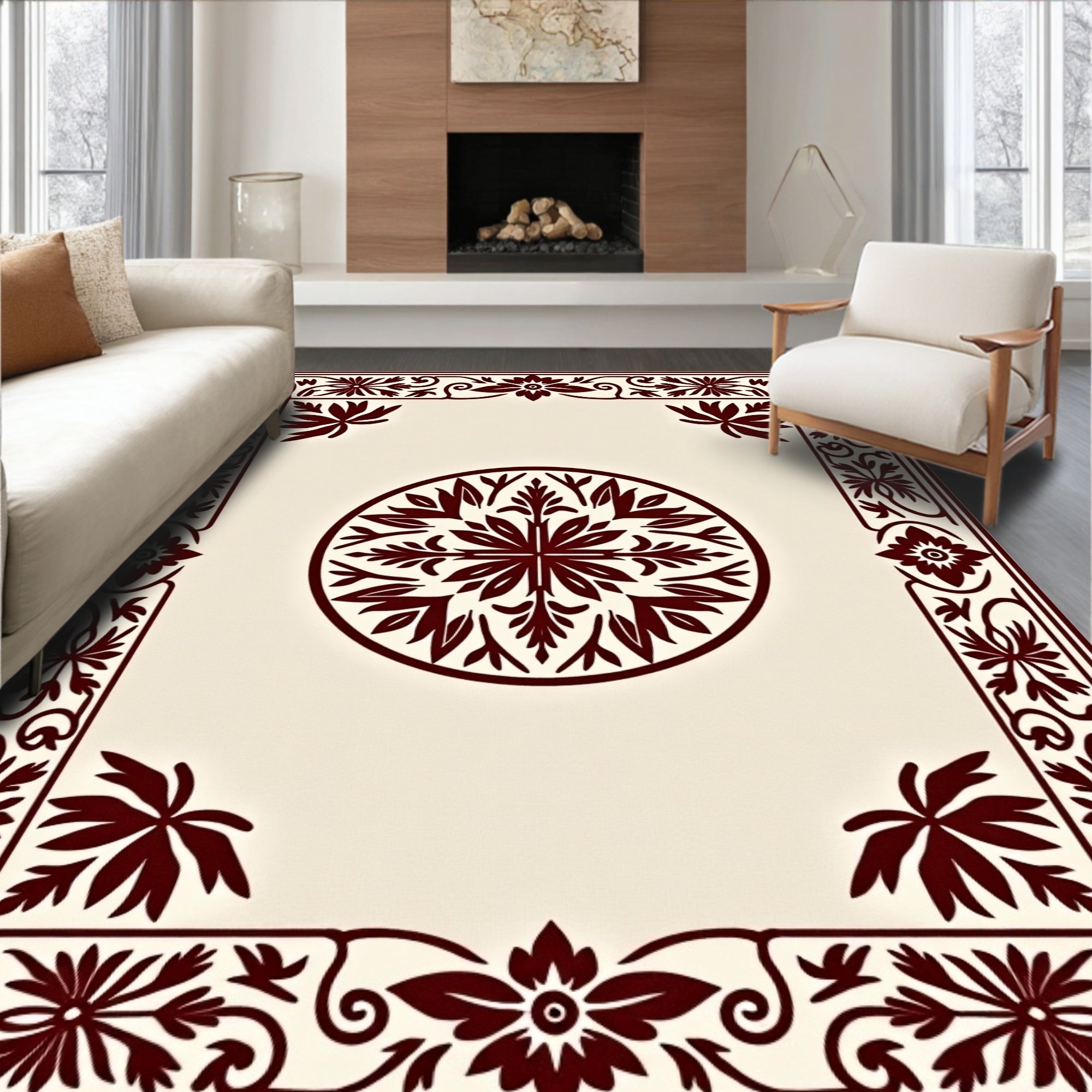 Rich Burgundy Floral Medallion Frame Rug