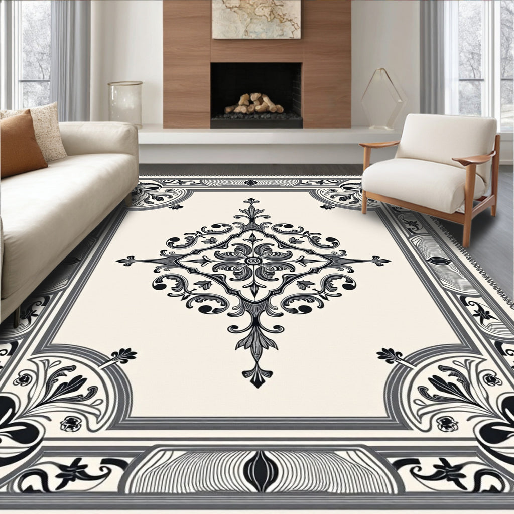 Elegant Black White Scrollwork Medallion Rug
