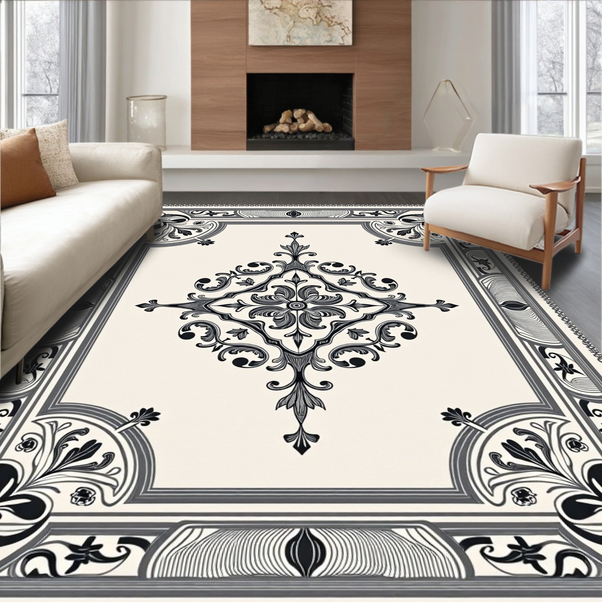 Elegant Black White Scrollwork Medallion Rug