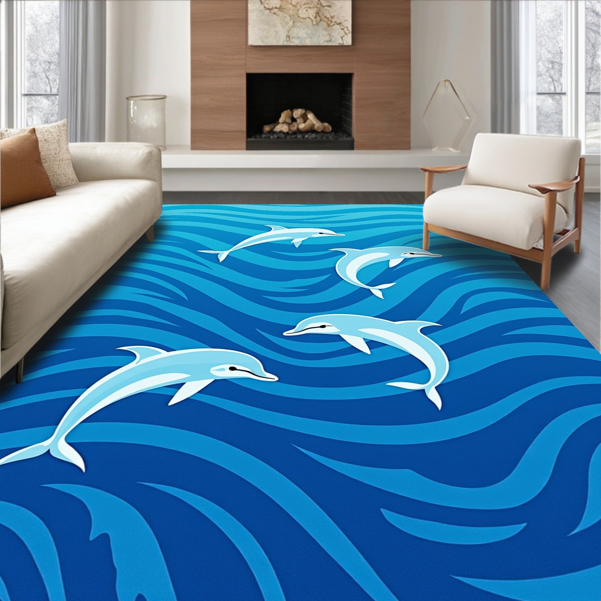 Playful Blue Dolphin Ocean Waves Rug