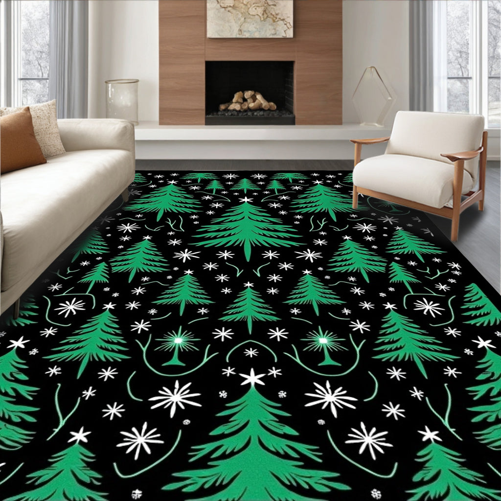 Evergreen Trees Winter Snowflakes Black Rug