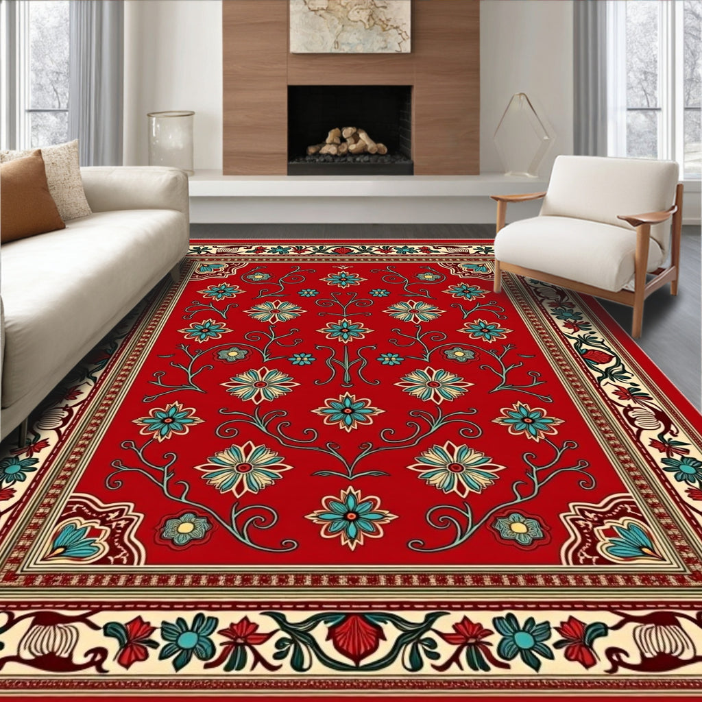 Crimson Floral Border Abundant Blooms Rug
