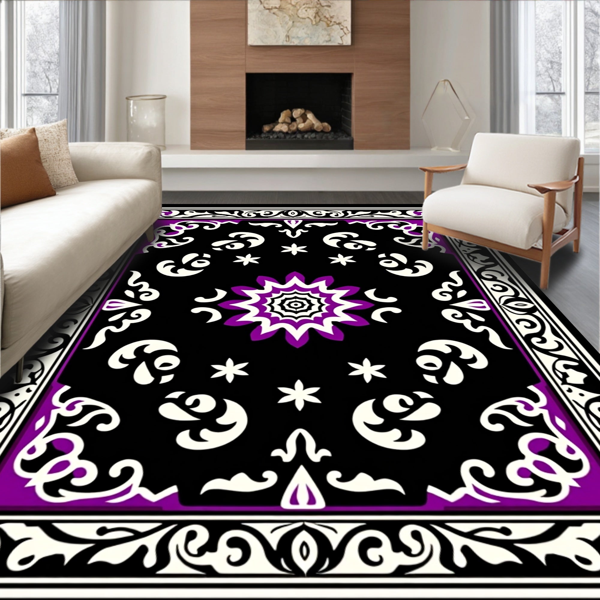 Black Purple White Floral Mandala Rug