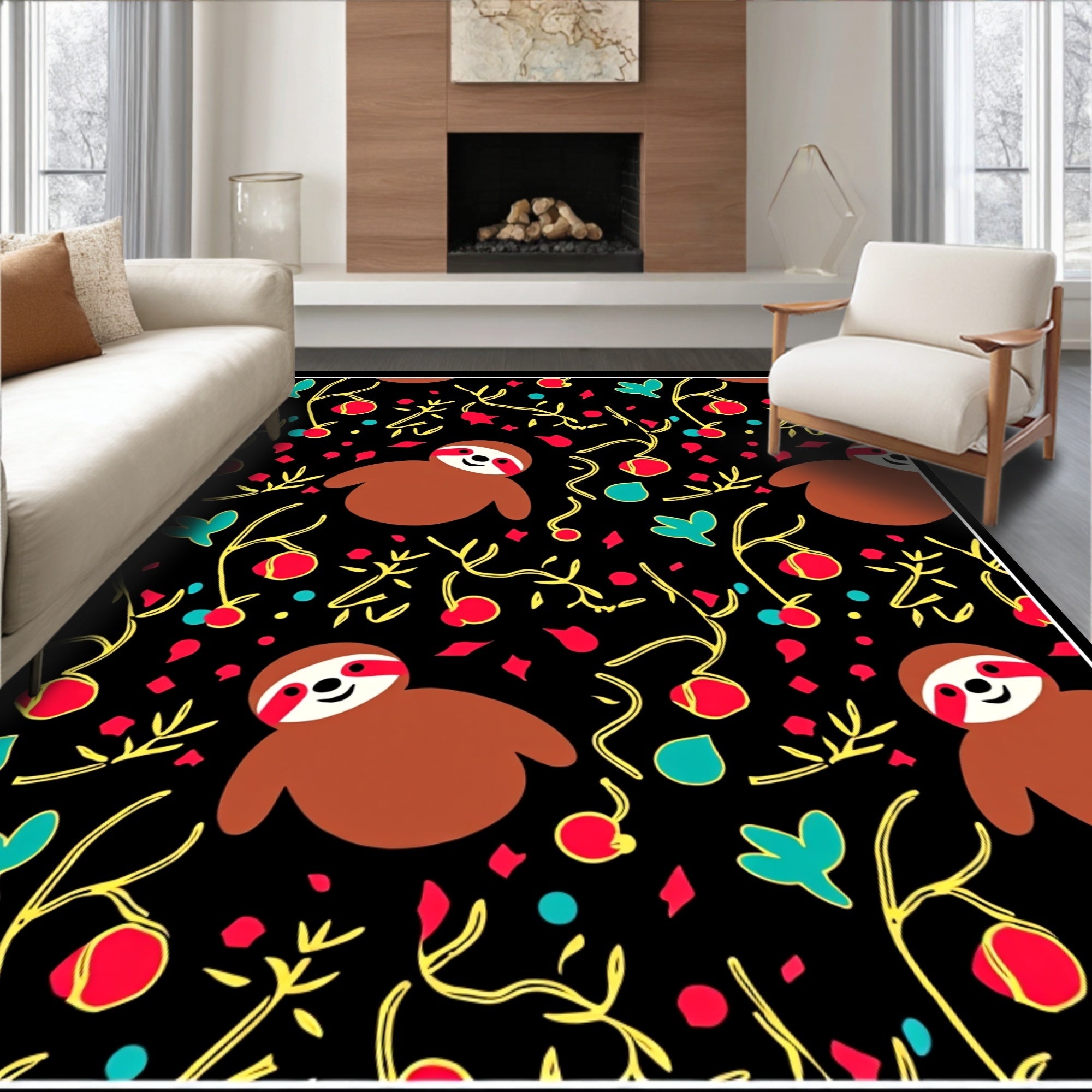 Whimsical Sloth Red Berry Branch Rug