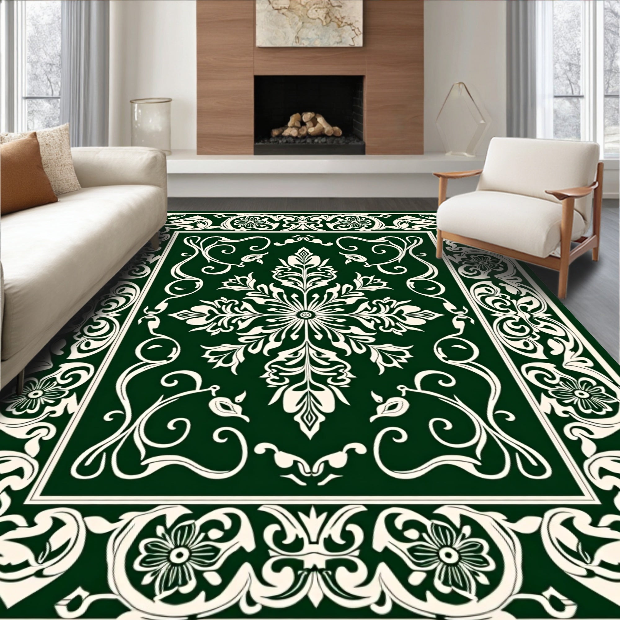Deep Green White Floral Medallion Vine Rug