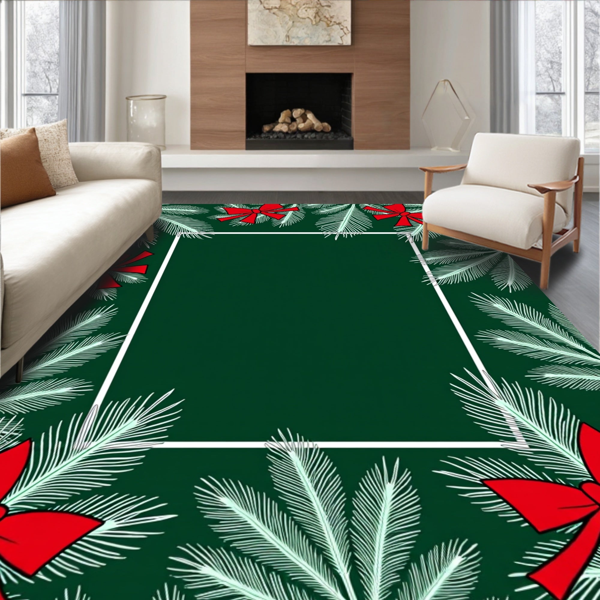 Forest Green Pine Boughs Red Bows Rug