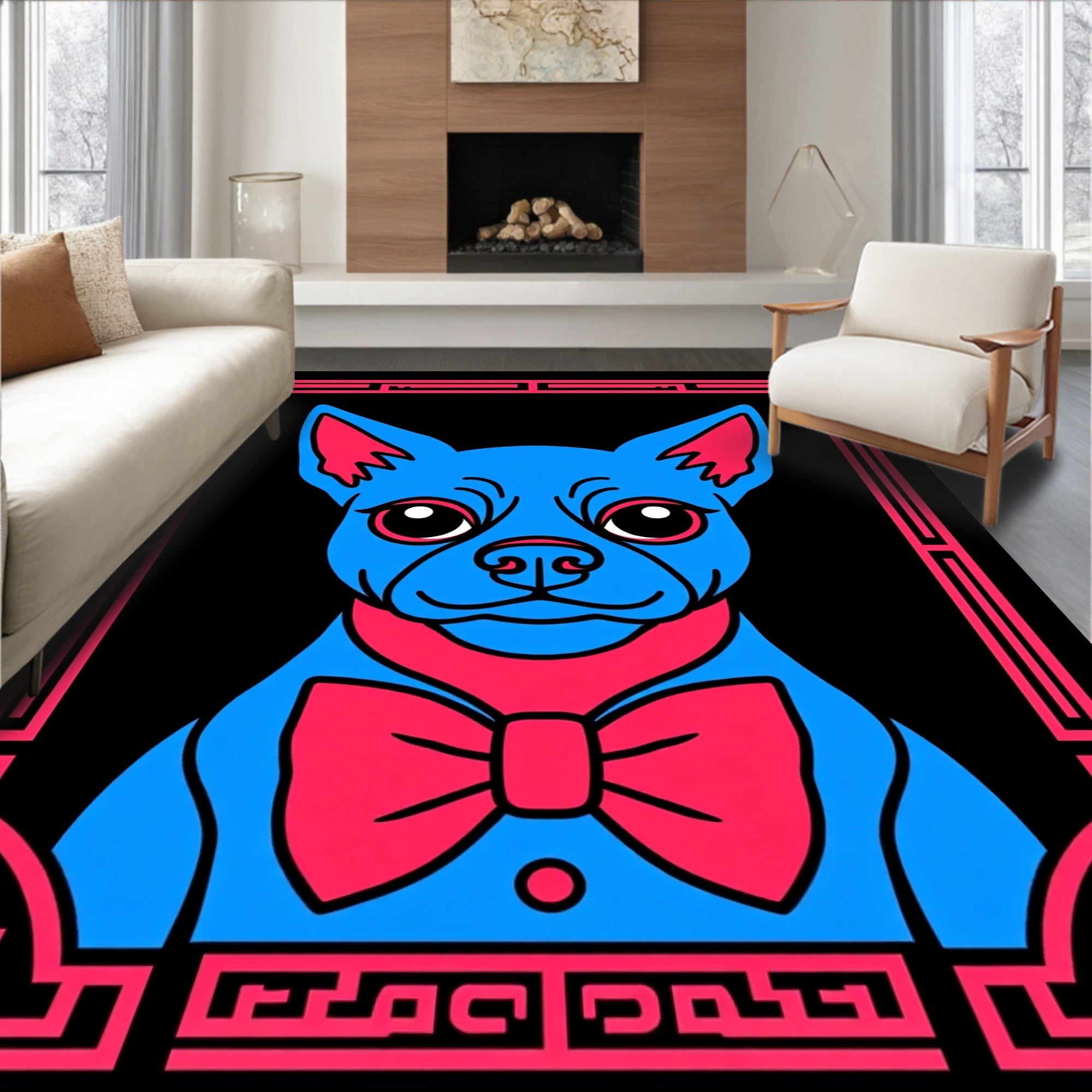 Retro Blue Dog Bowtie Frame Rug